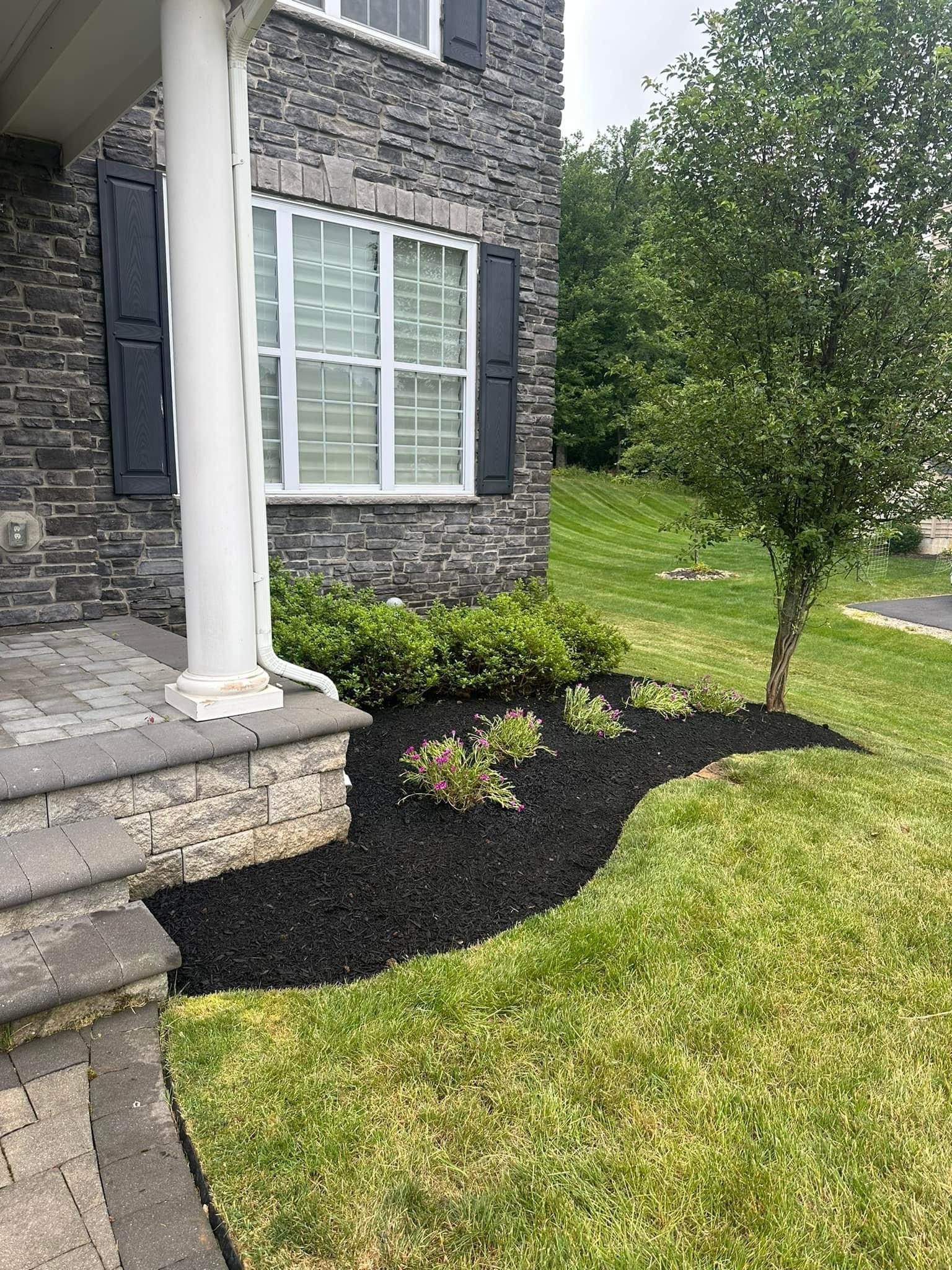 A house with a lush green lawn and black mulch in front of it.