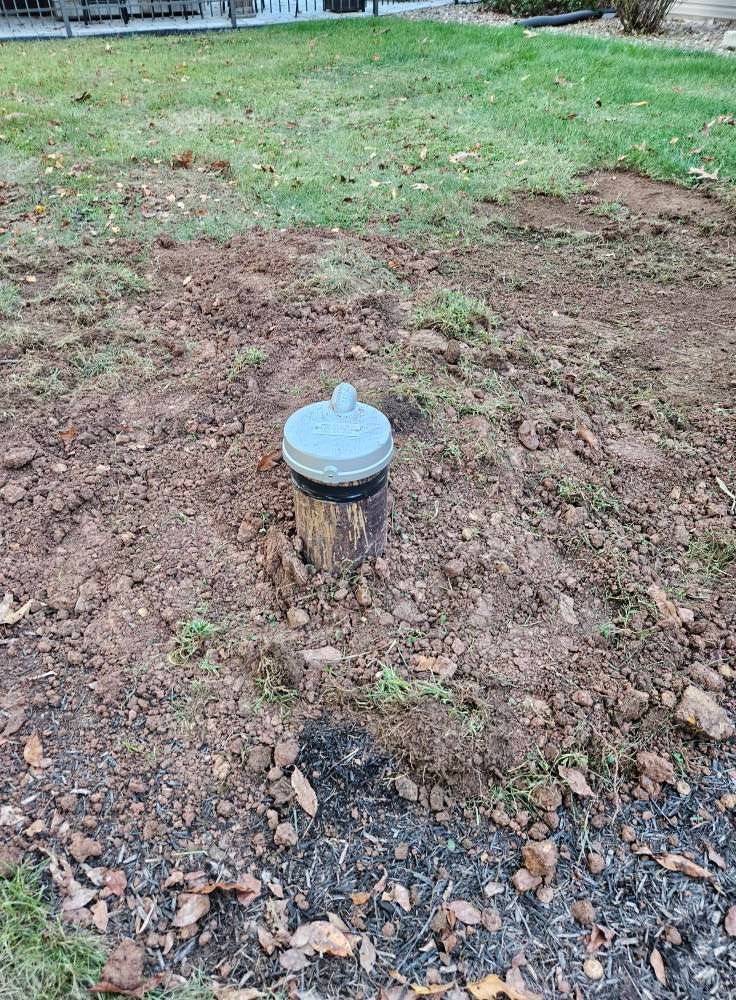 A cylindrical well with a metal lid sits in a patch of dirt. Surrounding grass is visible.