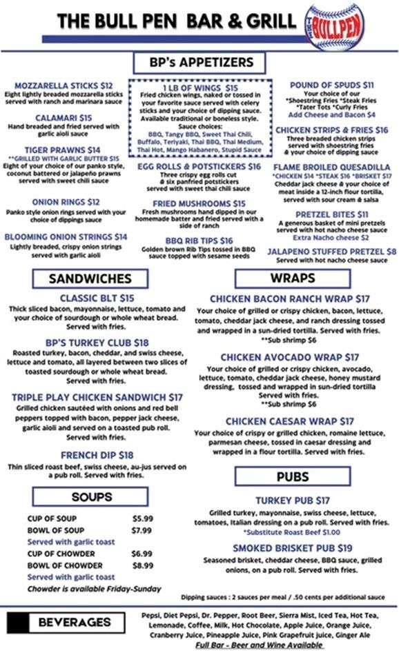 bull pen bar and grill menu