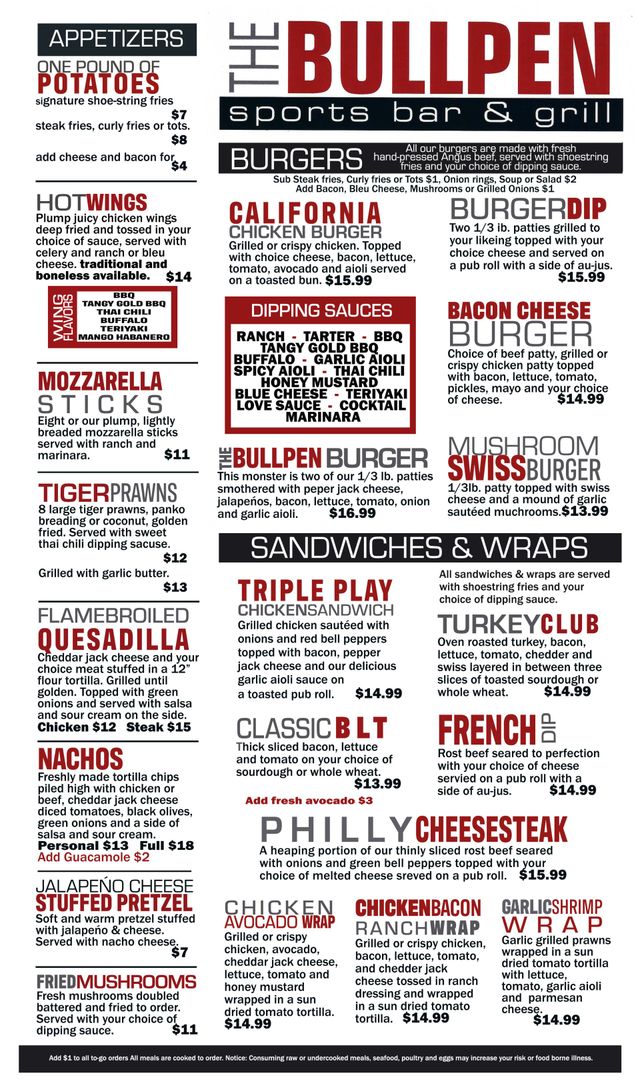 The Bullpen Sports Bar And Grill FULL MENU FRONT 640w 