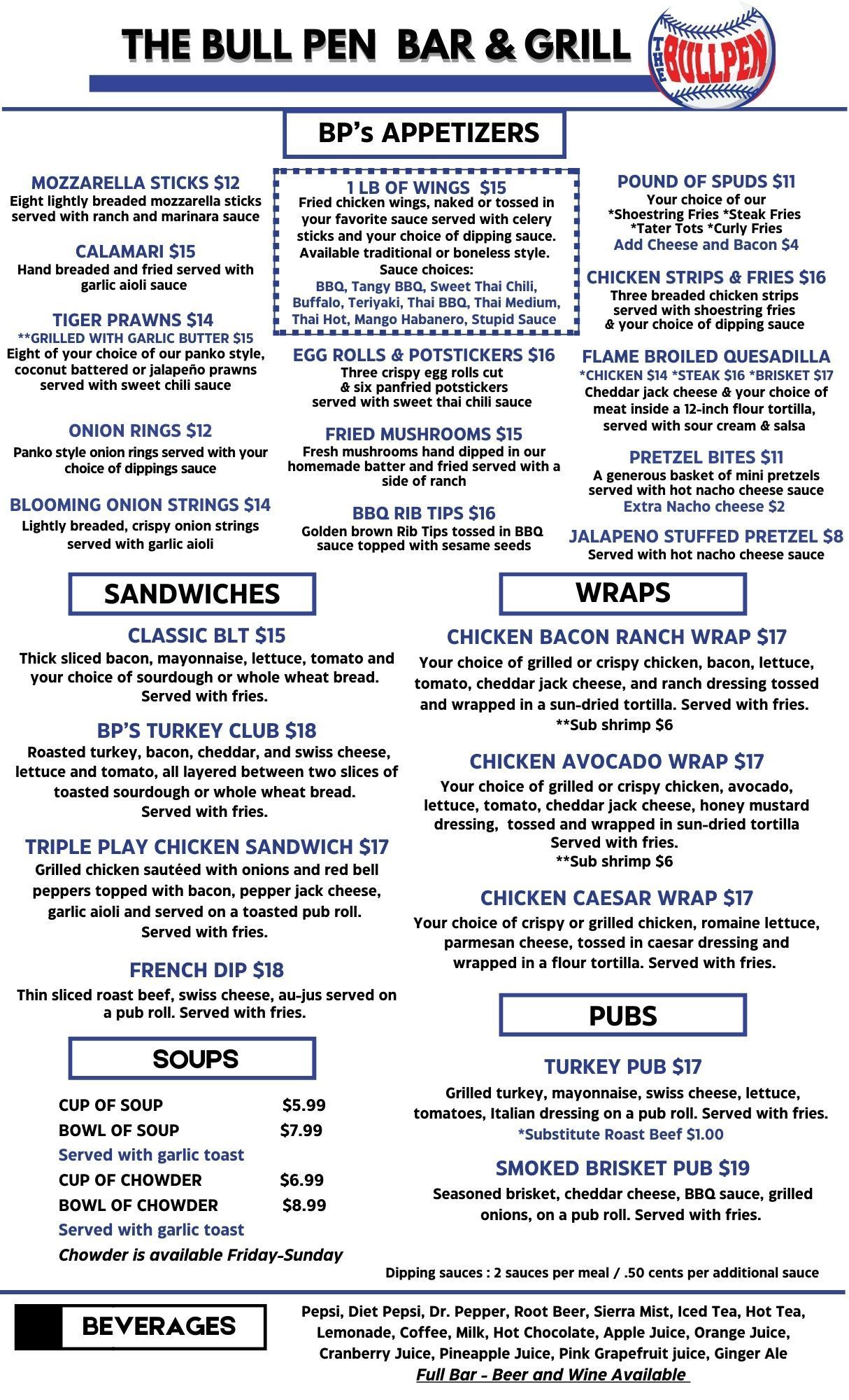 The Bull Pen Sports Bar and Grill Menu