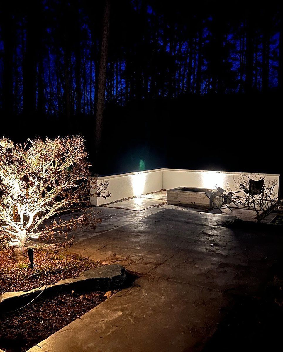 Nighttime patio with a lit tree, wet ground, and a low stone wall against dark woods.