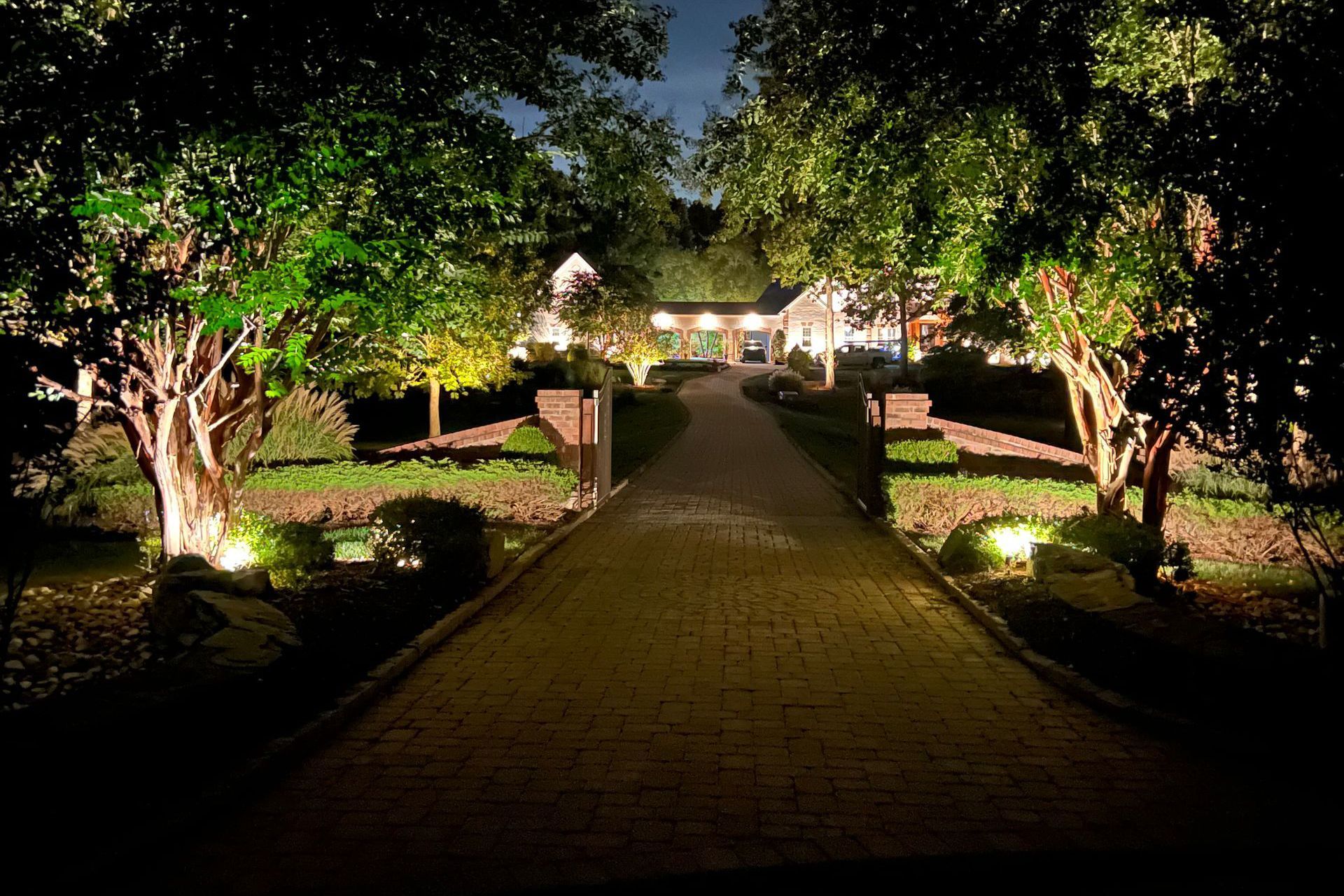 Lit garden path leading to a warmly lit building at night, framed by trees and landscape lights