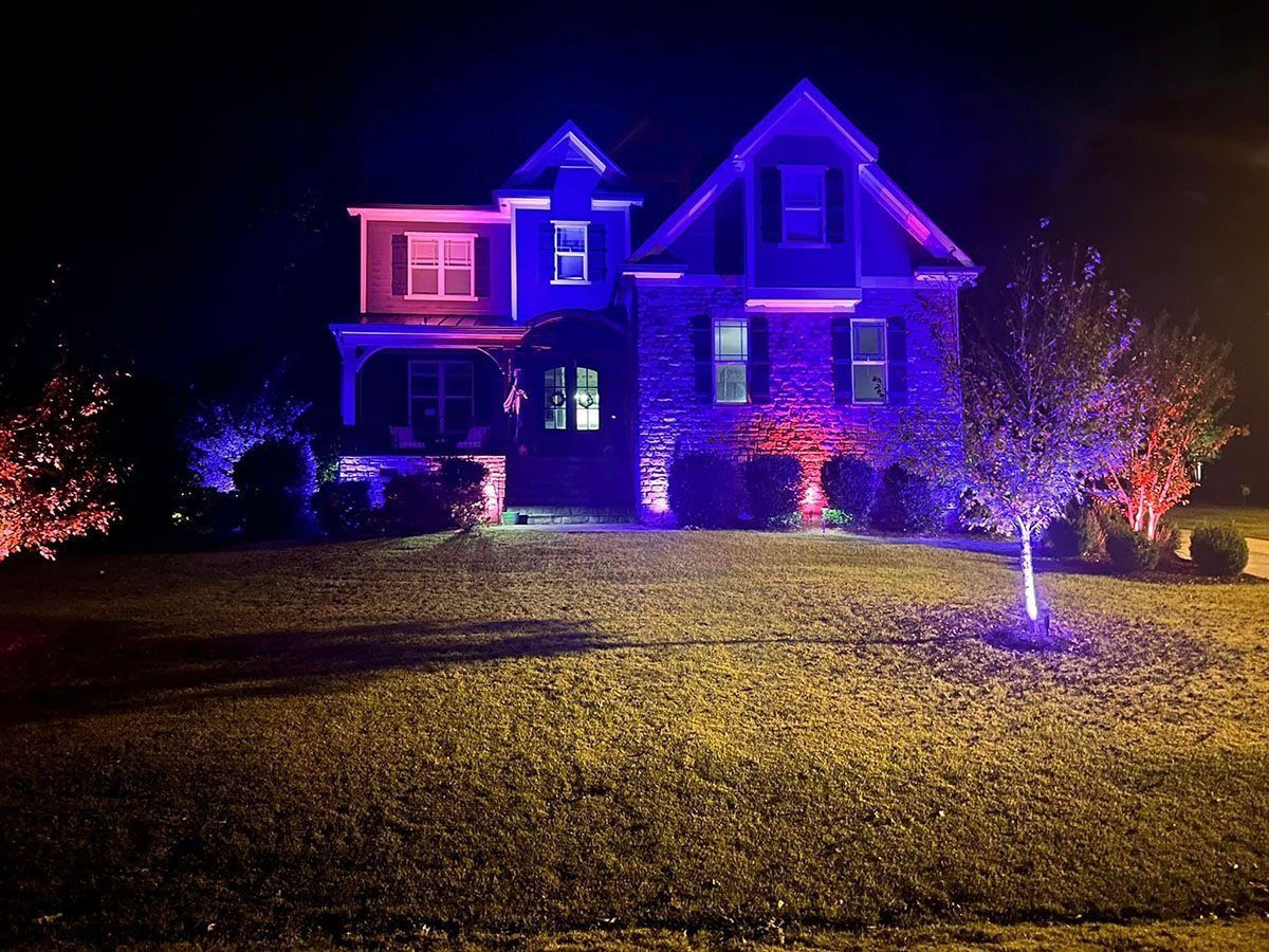 House lit with purple and blue lights at night, with a lit lawn and trees in front