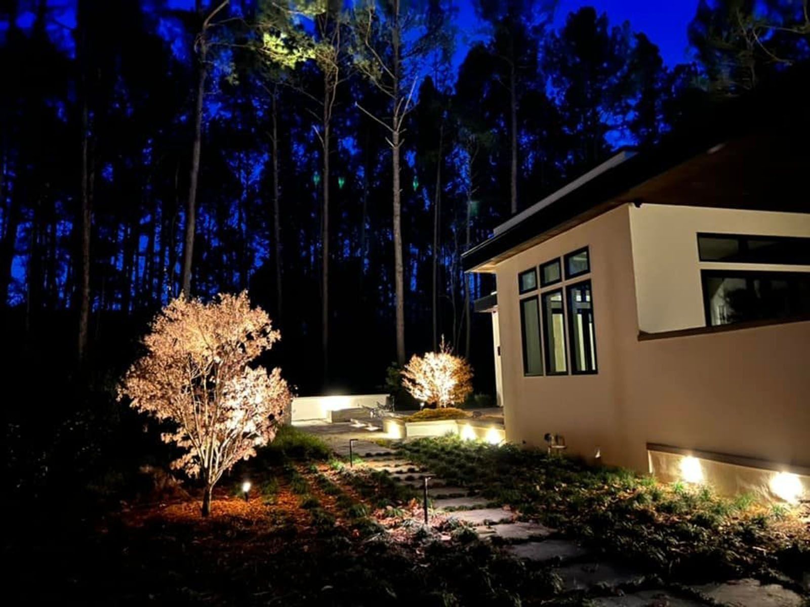 Illuminated garden path beside a house at night, with lit trees and a dark blue sky.