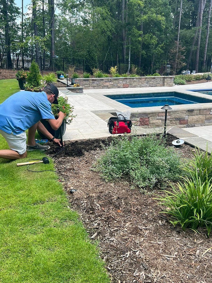 Person photographing a backyard pool and landscaped garden beside a lawn.