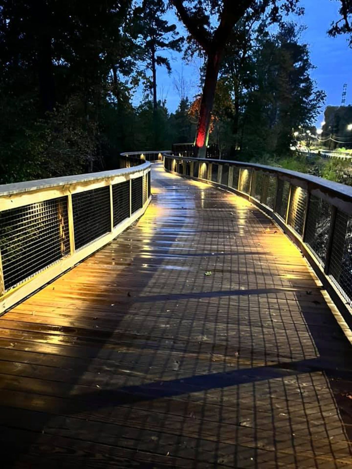 Lit pedestrian bridge at dusk with railings, wet wooden planks, and trees along the path