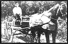 A black and white photo of a horse pulling a carriage.