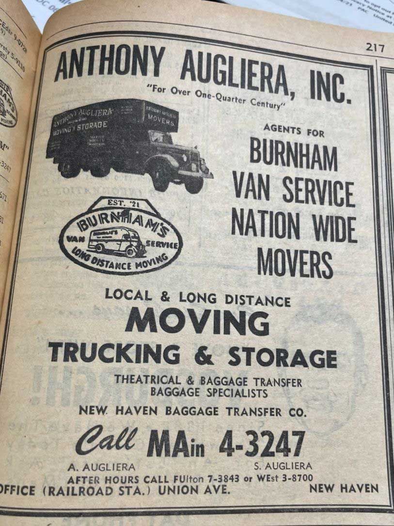 An advertisement for anthony augliera inc. moving trucking and storage
