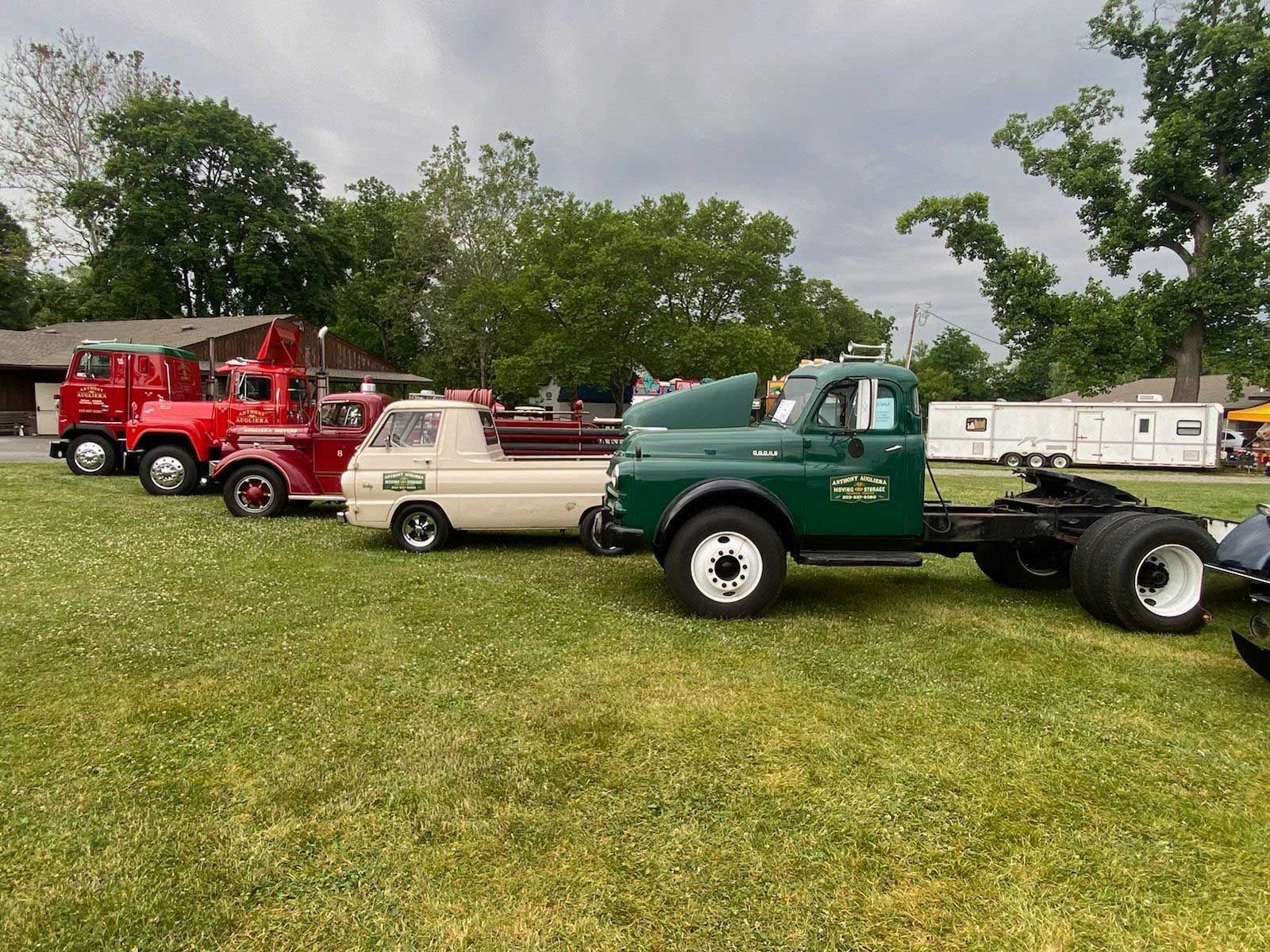 A row of old trucks are parked in a grassy field.