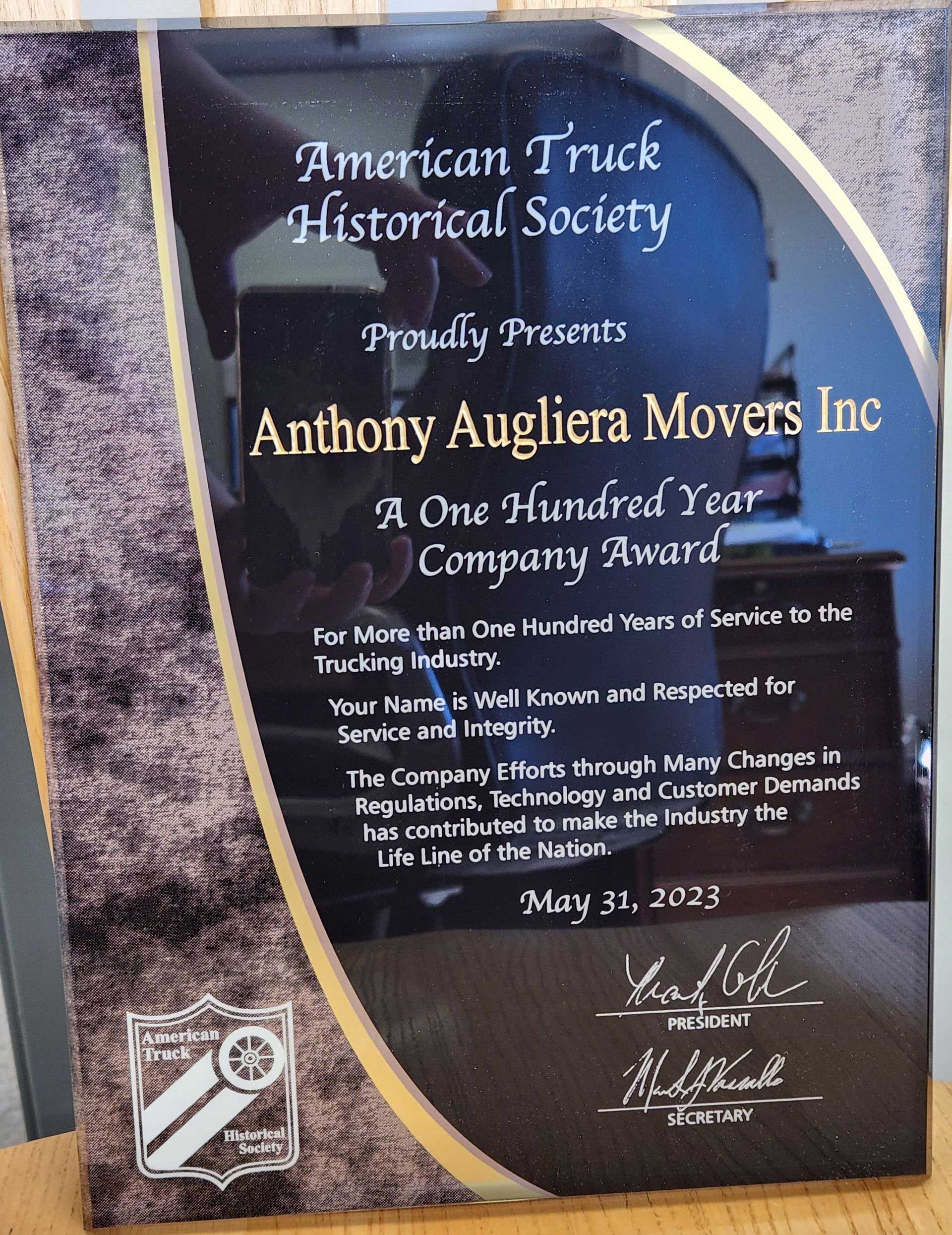 American truck historical society presents anthony aughiera movers inc a one hundred year company award