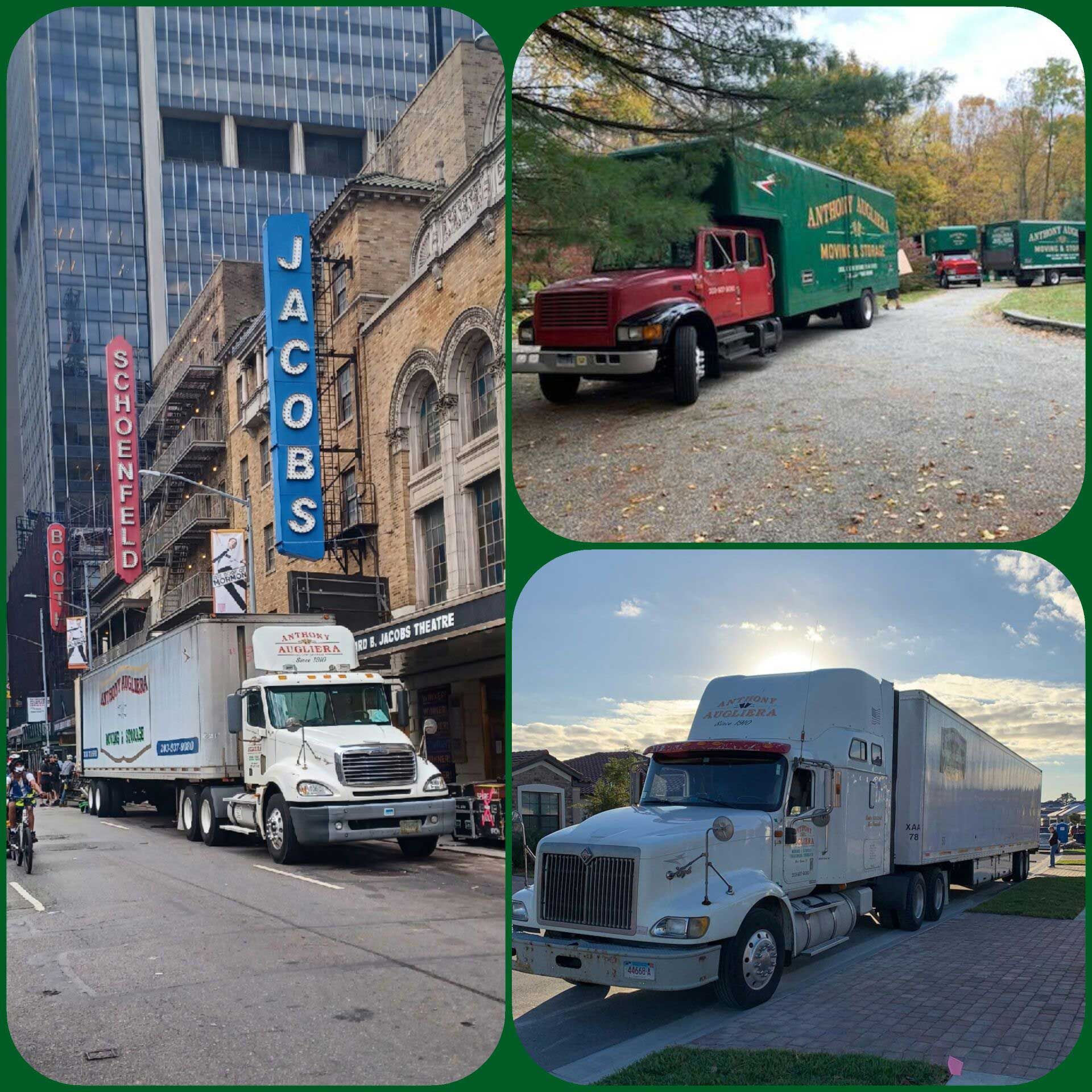 A collage of moving trucks including one that says jacobs