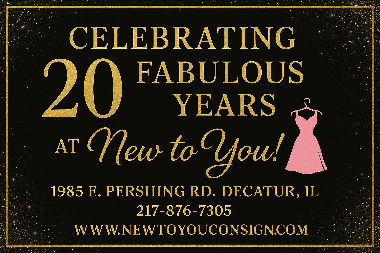 Sign celebrating 20 years at New to You consignment shop in Decatur, IL, with address and website.