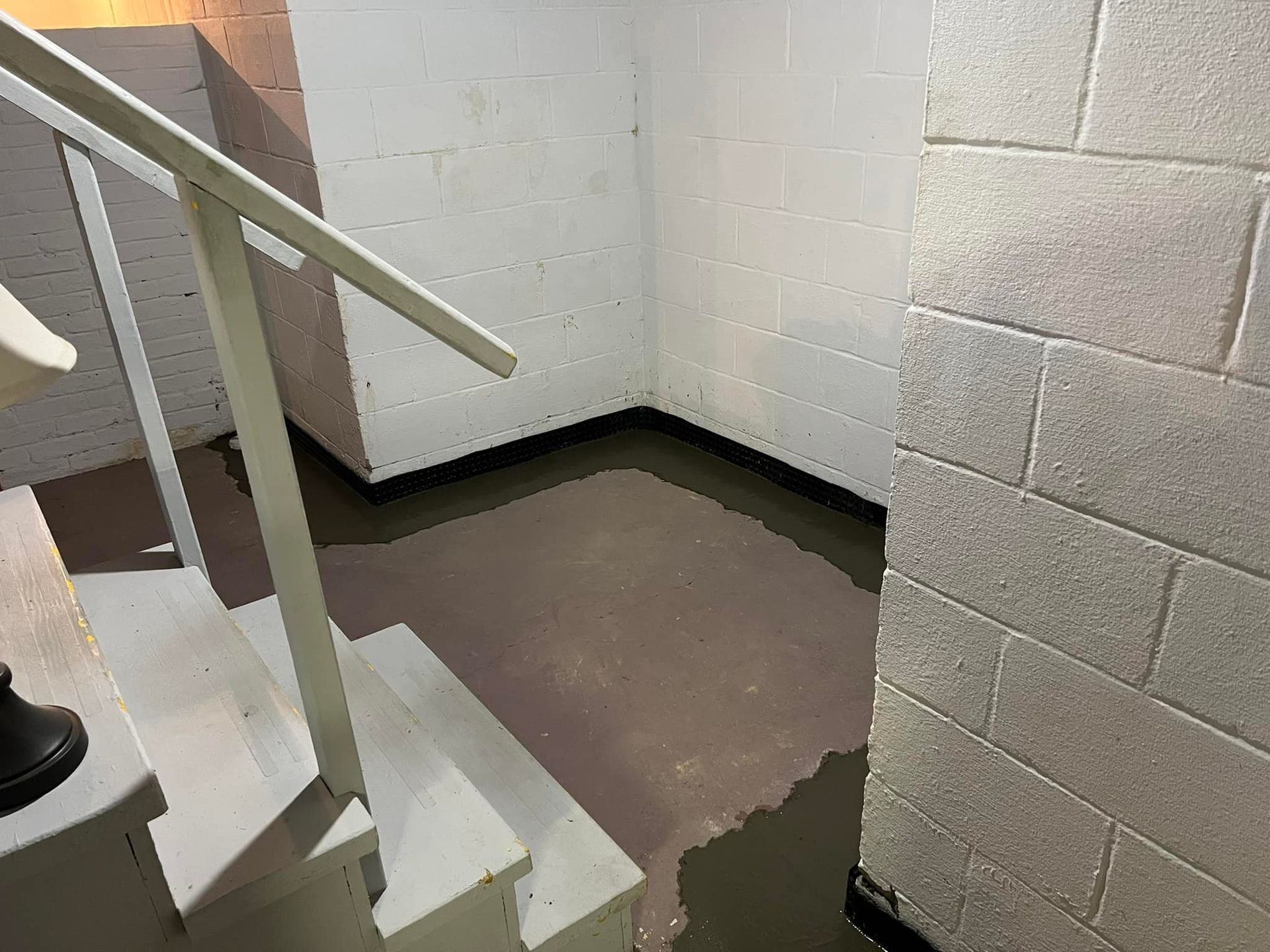 A basement with stairs and a flooded floor.