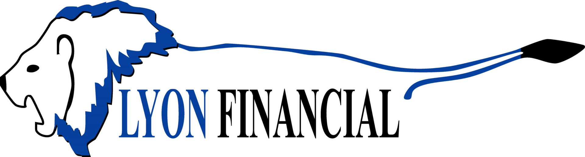 Logo of Lyon Financial: a white lion with blue mane and tail, next to