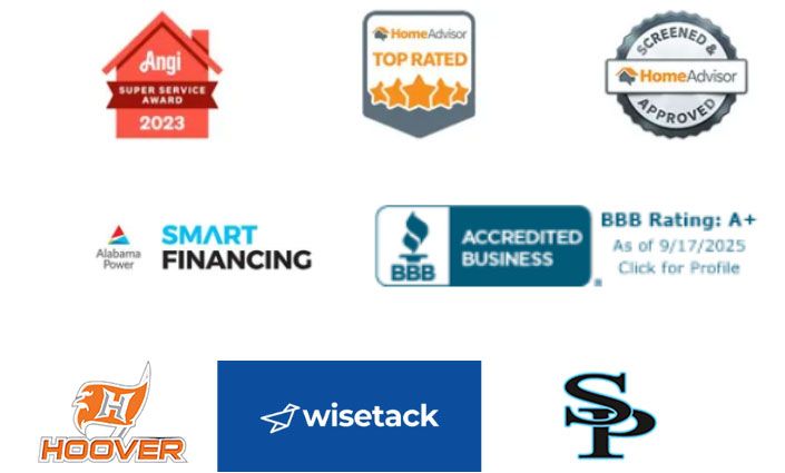 Logo collage of home service badges, including Angi, HomeAdvisor, BBB, Smart Financing, and Wisetack badges.