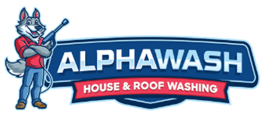 Alphawash House & Roof Washing logo with a blue wolf mascot holding a pressure washer