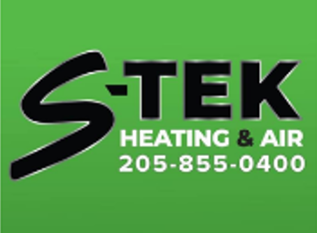 S-TEK Heating & Air logo on green background with phone number 205-855-0400