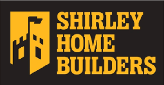 Shirley Home Builders logo in yellow on a black background with a stylized house icon.