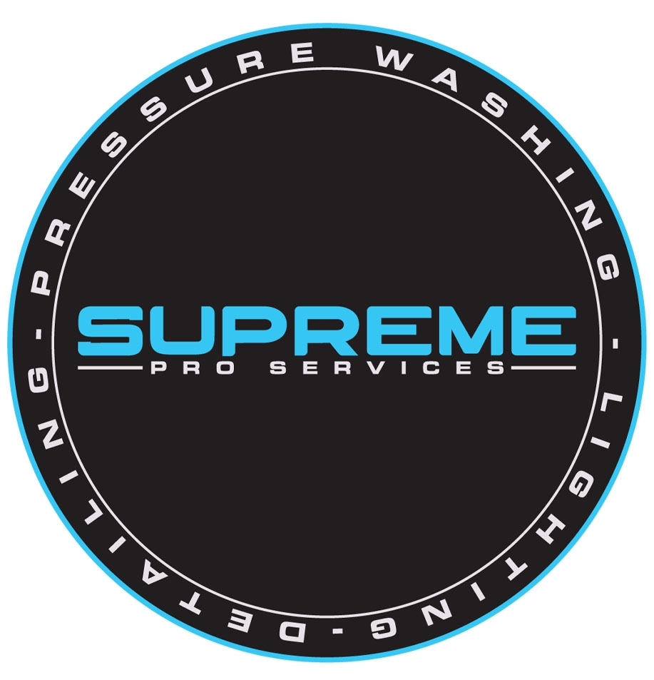 Circular logo for Supreme Pro Services with cyan text on a dark background and ring reading pressure washing, lighting, detail cleaning