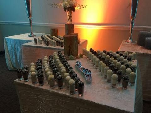 Rows of small plant pots arranged on tables in a warmly lit indoor display space.