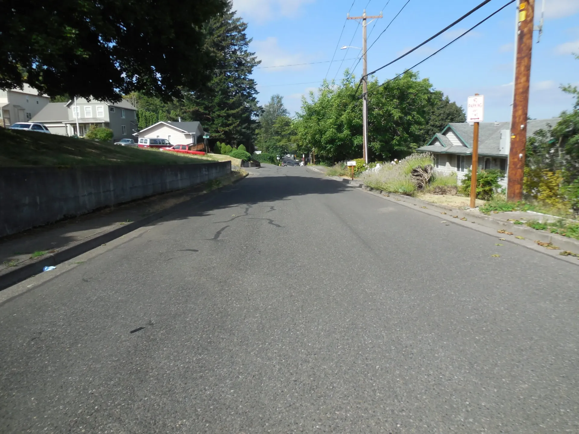 A quiet residential street with asphalt pavement, a low concrete wall on the left, and houses in the distance under a sky.
