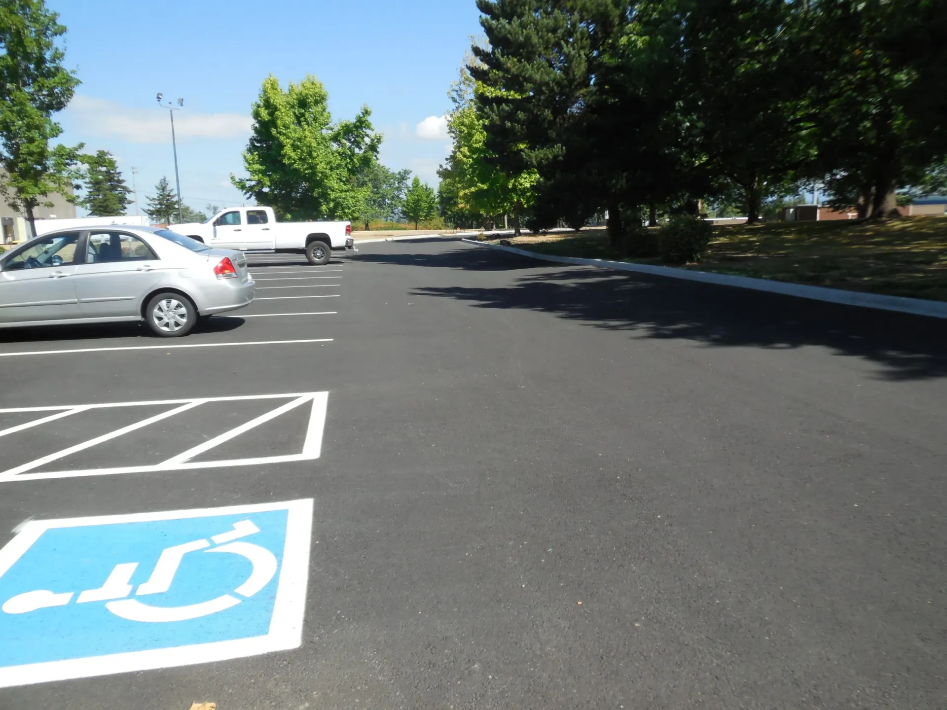 An accessible parking space with blue symbol marking and white lines in a paved parking lot with cars and trees.