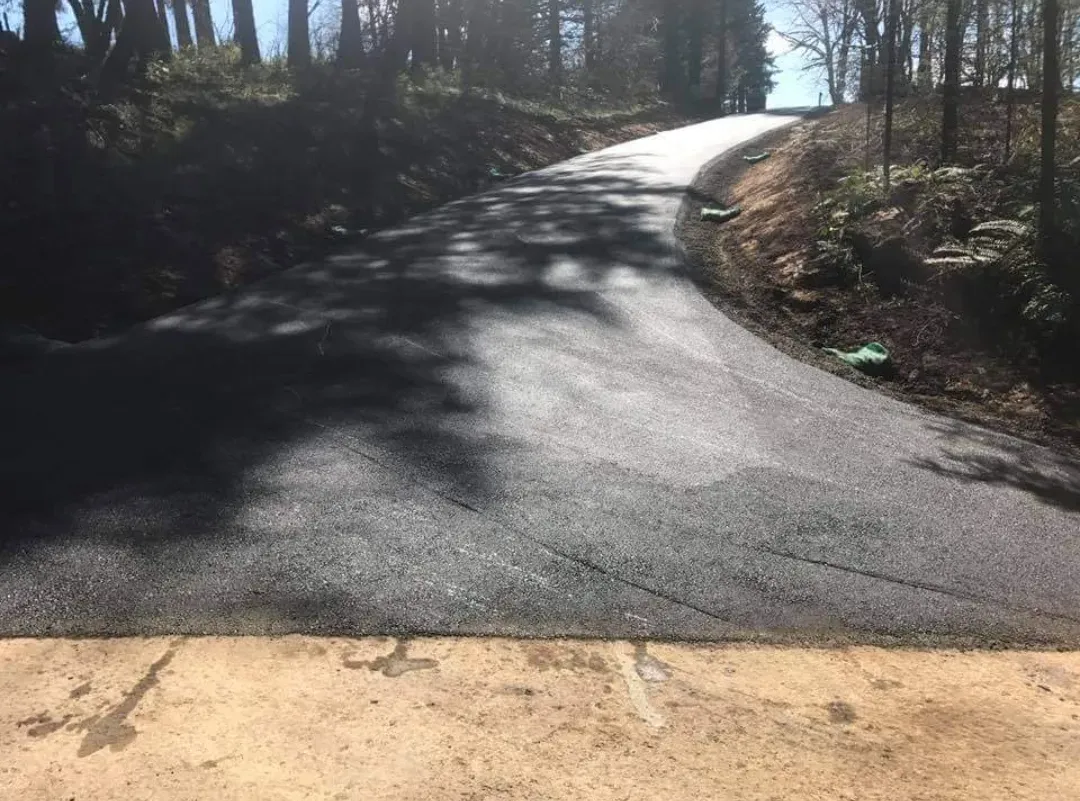 A newly paved asphalt driveway transitions from a concrete surface and curves upward through a wooded area.