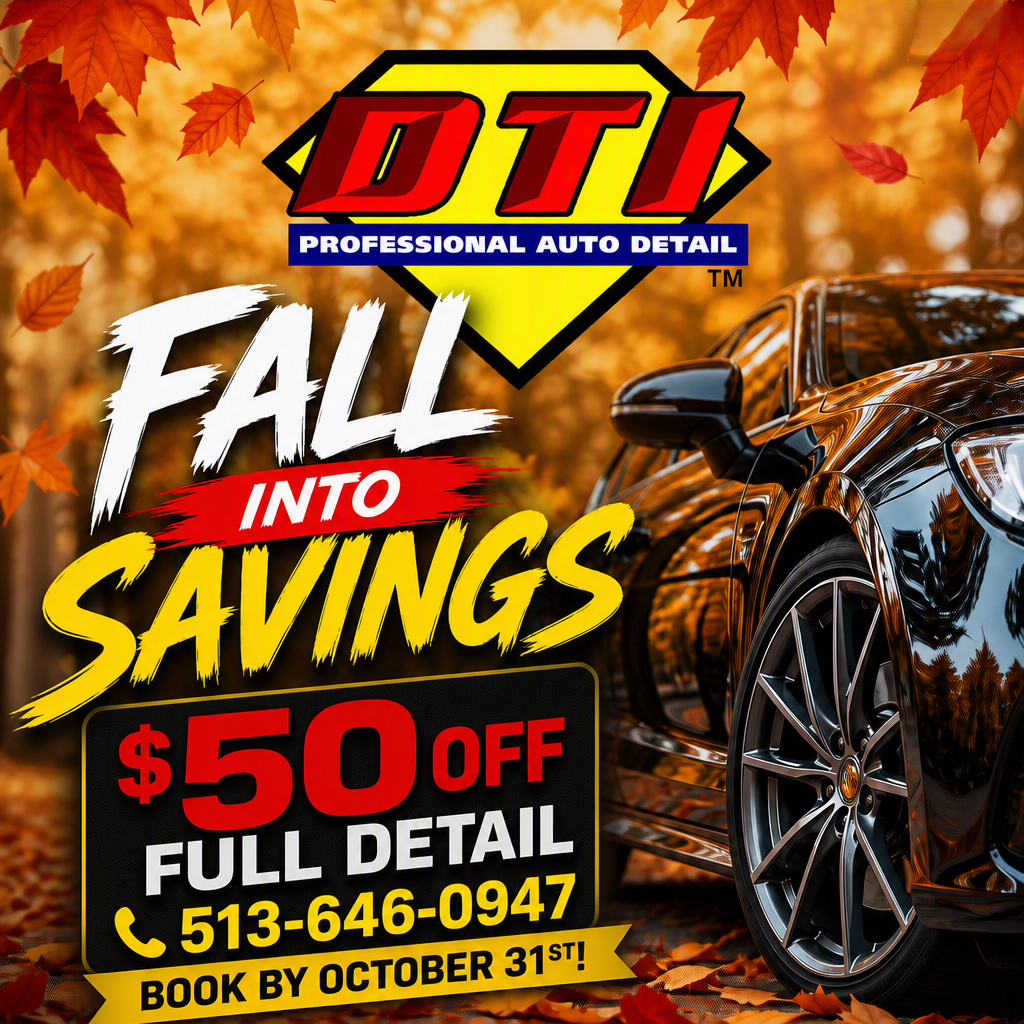 DTI Professional Auto Detail ad with fall leaves, black car, and $50 off full detail offer