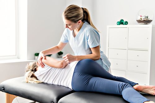 Therapist giving a neck massage to a client lying on a treatment table in a bright clinic.