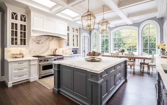 There is a large island in the middle of the kitchen.