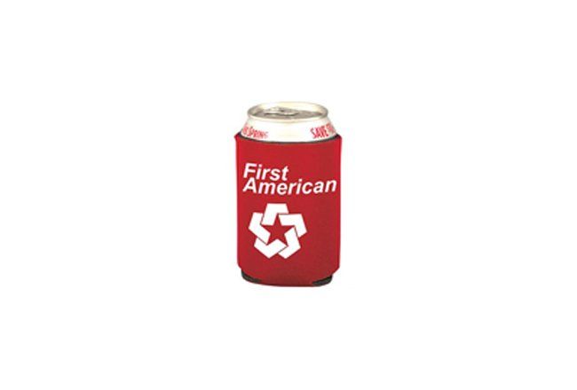 A red can holder with the first american logo on it.