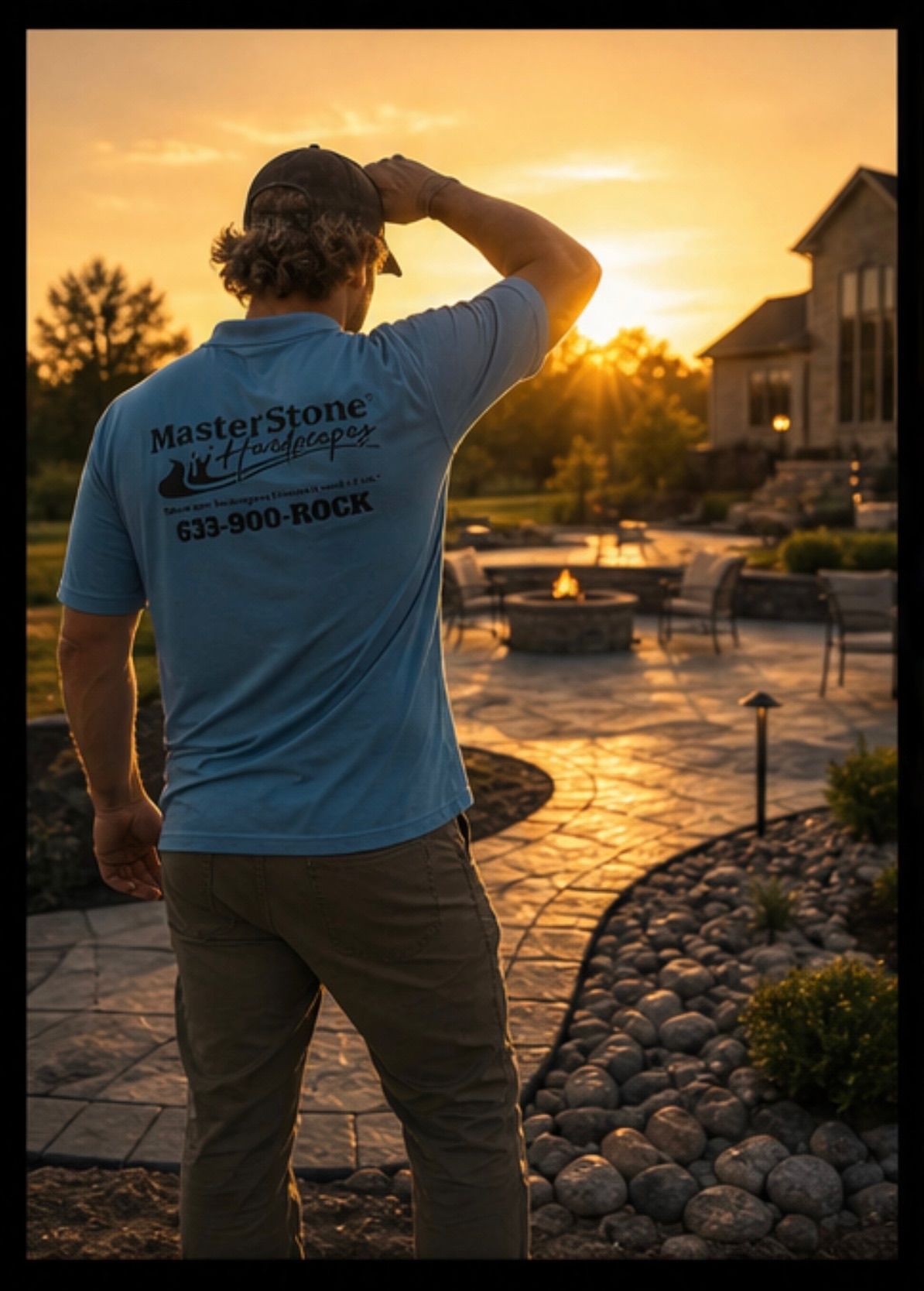 Person in a light blue shirt stands at a sunset-lit backyard patio, looking over a stone path and pool.