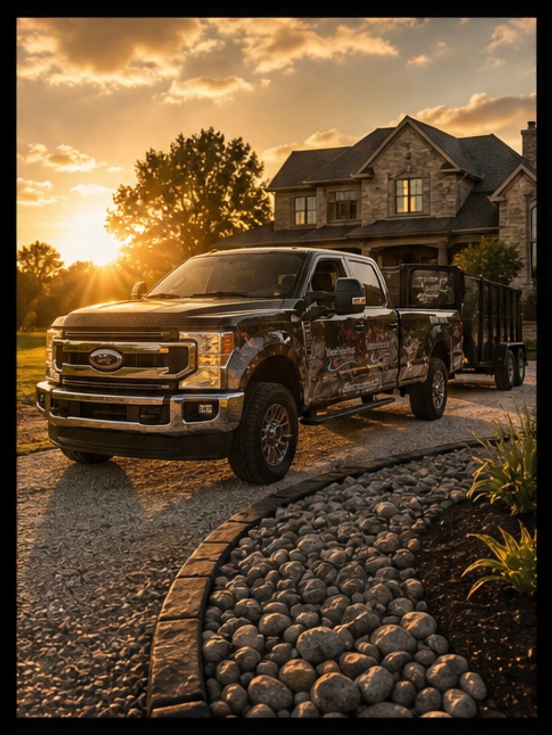 Black pickup truck parked on a curved driveway at sunset beside a large house.