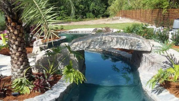 Tropical backyard pond with a stone bridge, lush plants, and clear blue water