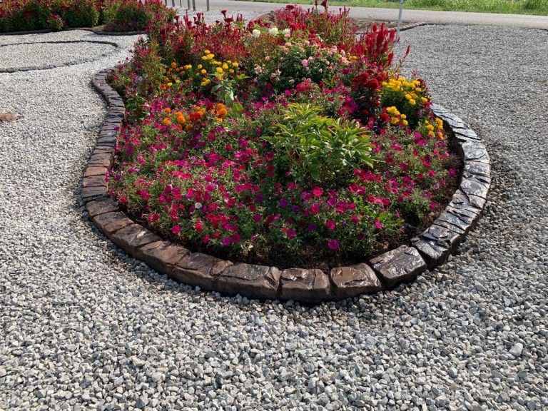 Circular flower bed with colorful blooms surrounded by a gravel path and stone border