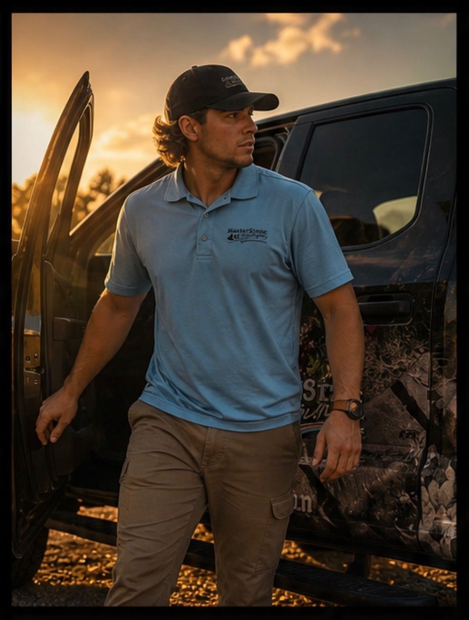 Man in a blue polo and cap standing beside a dark pickup truck at sunset.