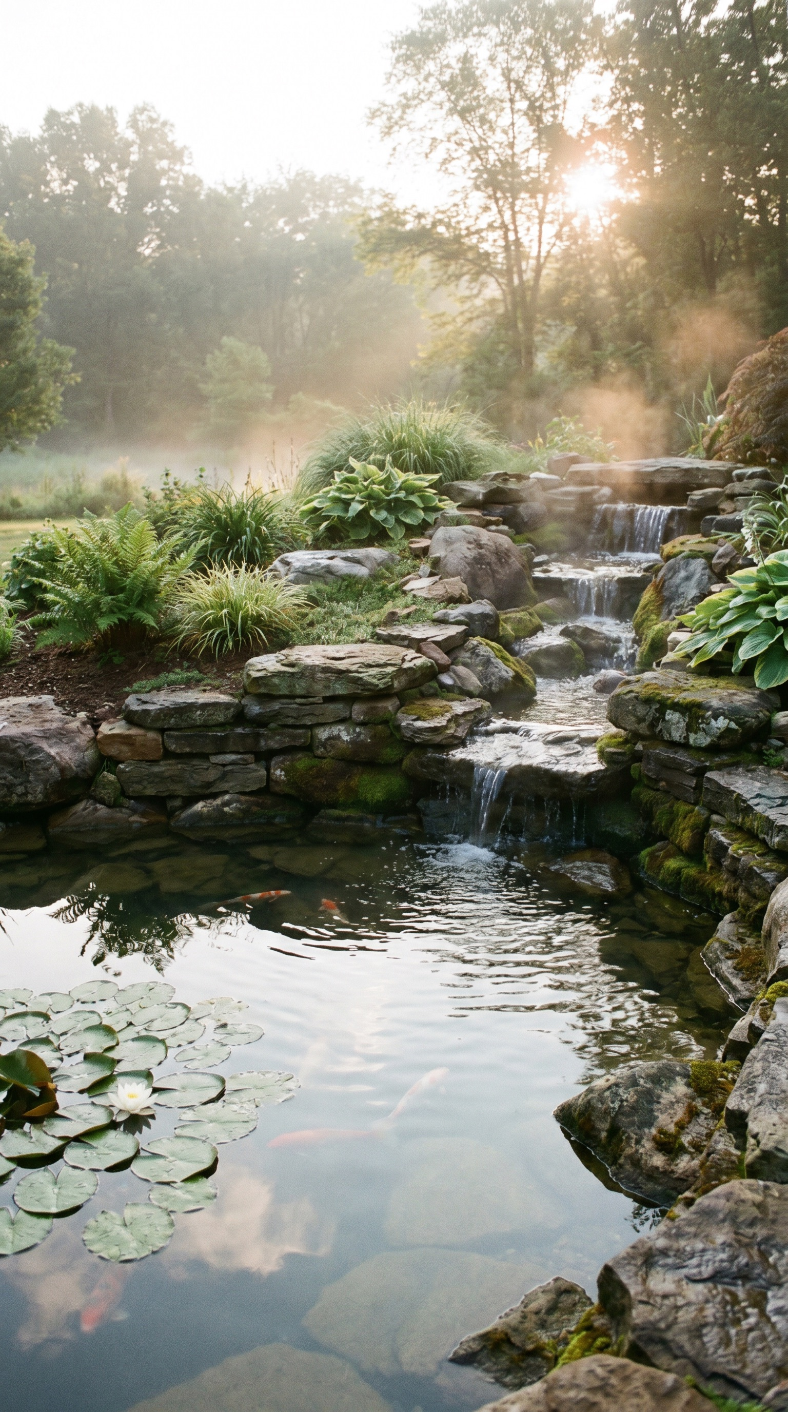 Serene garden pond with stone waterfall, lily pads, and soft morning sunlight
