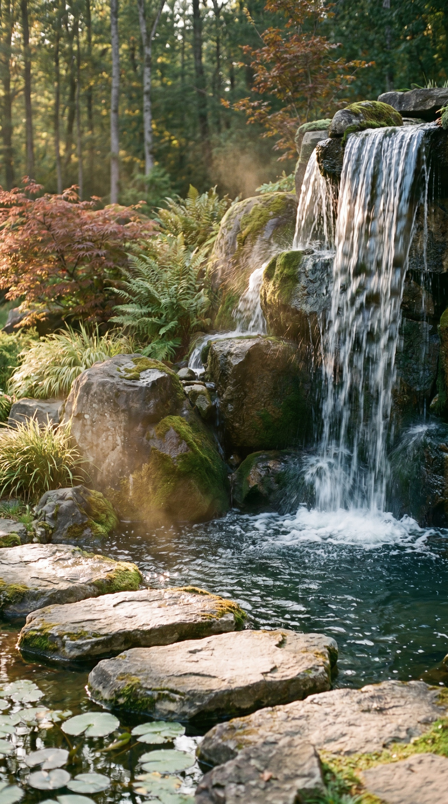 Forest waterfall cascading into a calm pond with rocks and lush greenery