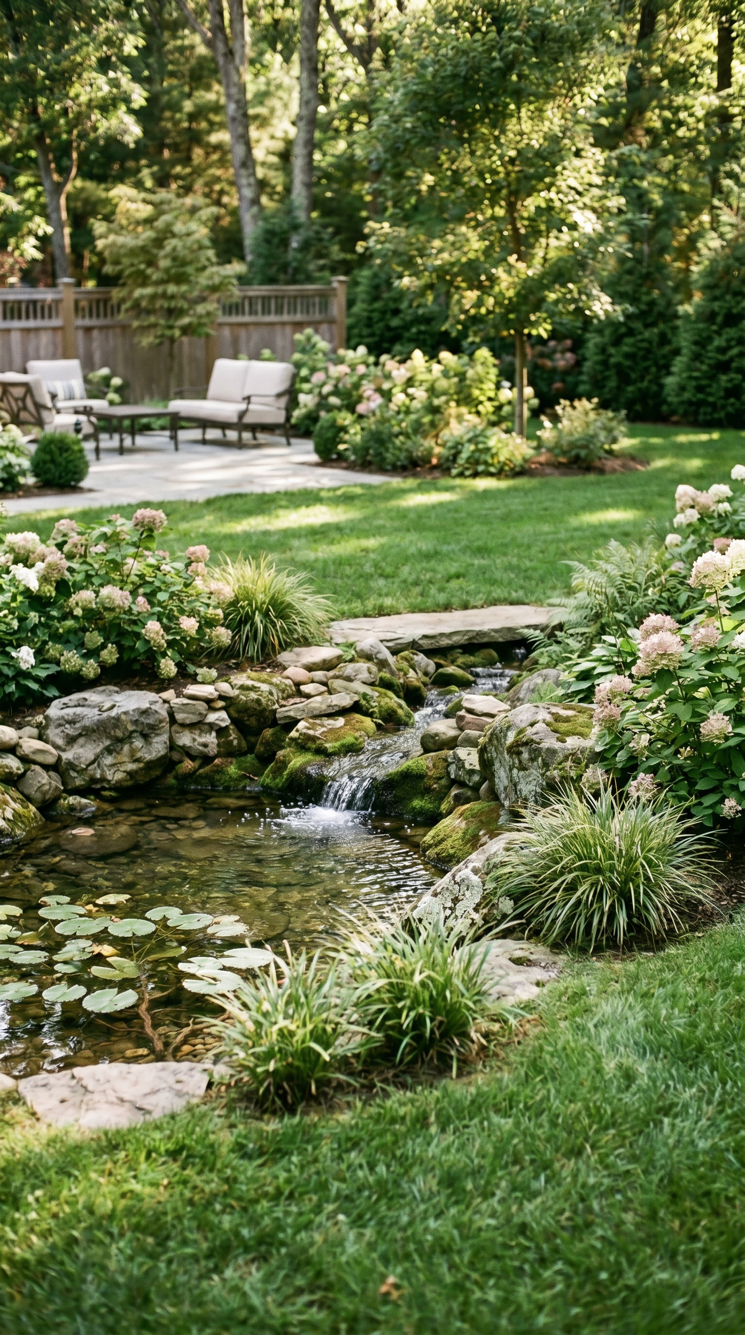 Lush garden with stone stream, patio seating, and sunlit green lawn surrounded by flowers and trees