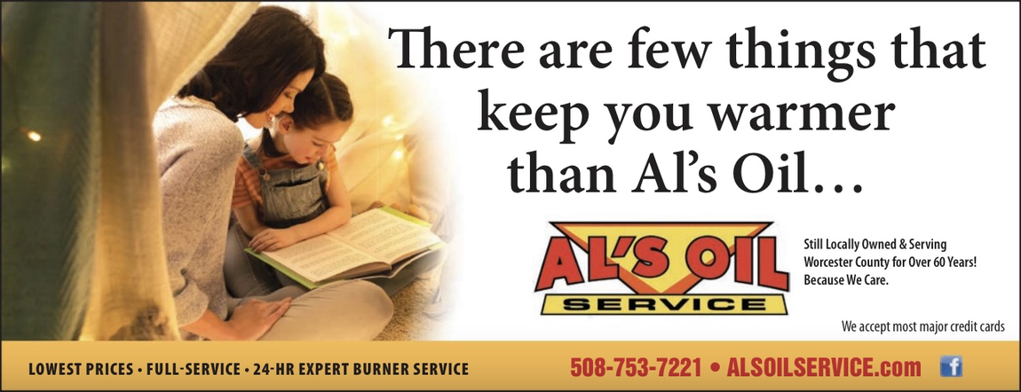 An ad for Als I Oil Service shows a woman reading to a child