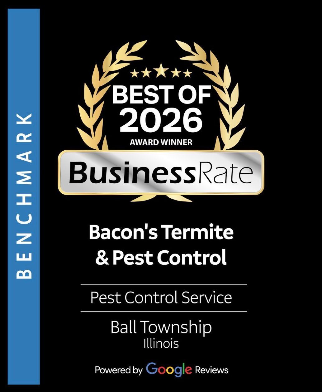 An award graphic for Bacon's Termite & Pest Control, winner of the 2026 BusinessRate award in Ball Township, Illinois.