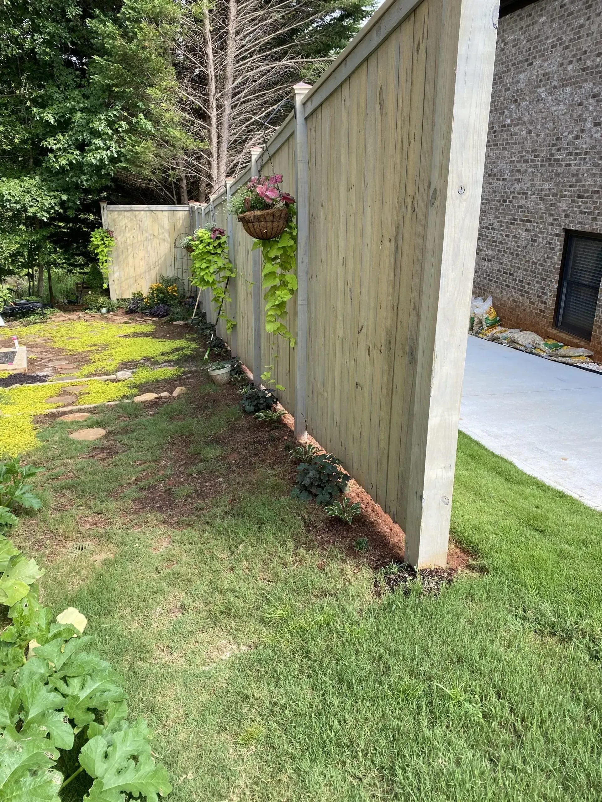 A wooden fence with hanging flower baskets and greenery borders a grassy area next to a paved pathway.