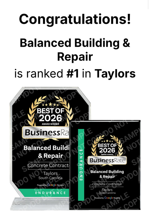 Congratulations graphic for Balanced Building & Repair, ranked #1 in Taylors, with 2026 Best of Business awards.