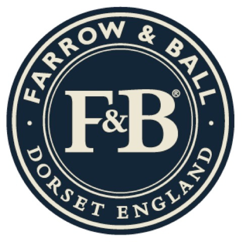 Farrow & Ball logo: navy blue and cream circular emblem with F&B initials and Farrow & Ball Dorset England.