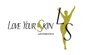 Love Your Skin Aesthetics logo: text beside silhouette of a person with arms raised, gold on white.