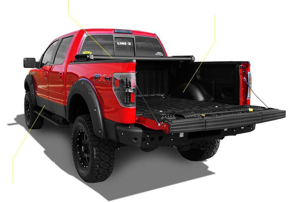 A red pickup truck with the bed open on displaying various Line-X features.