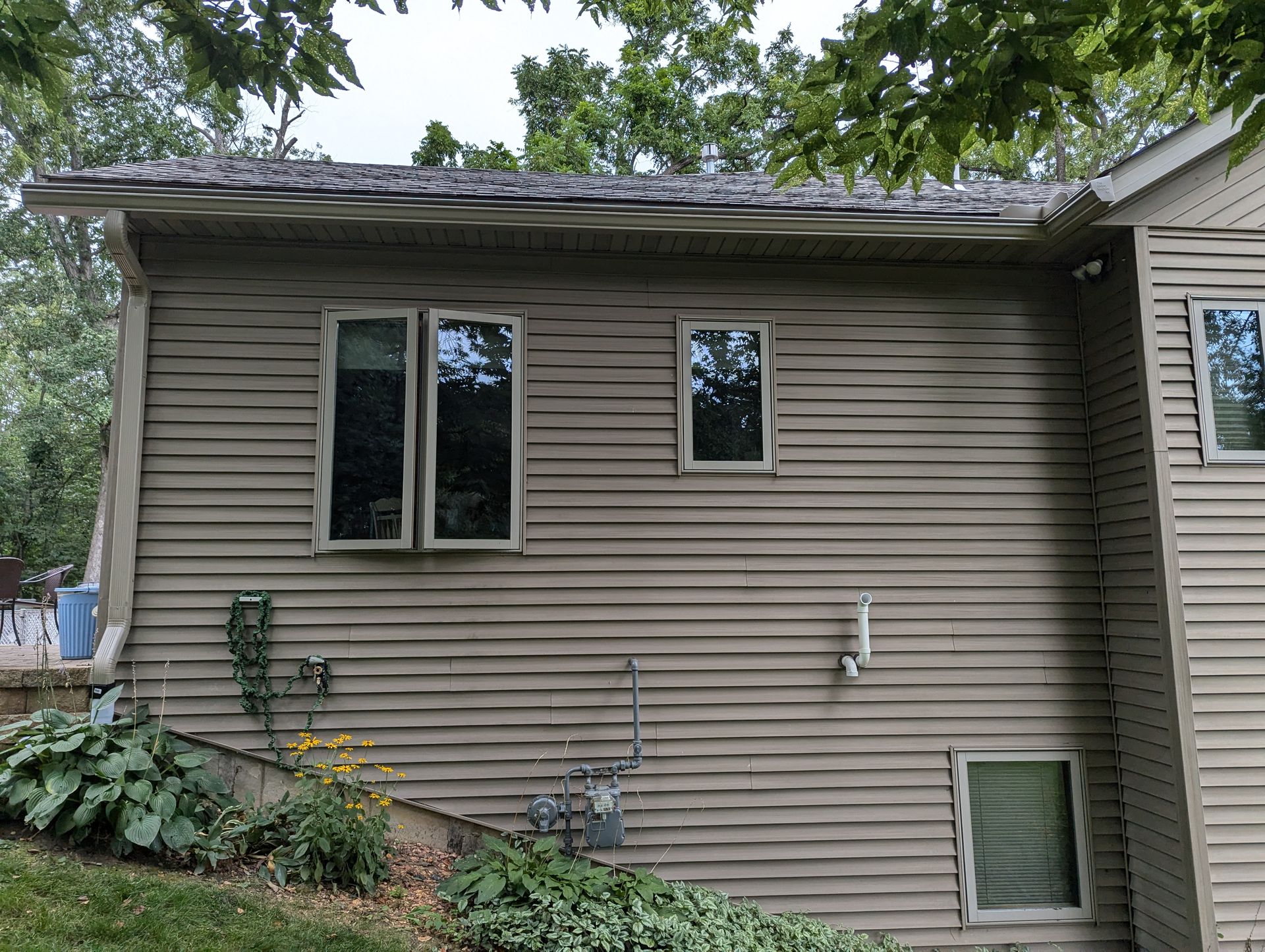 Beige-sided house with several windows, roof, and greenery in the foreground.