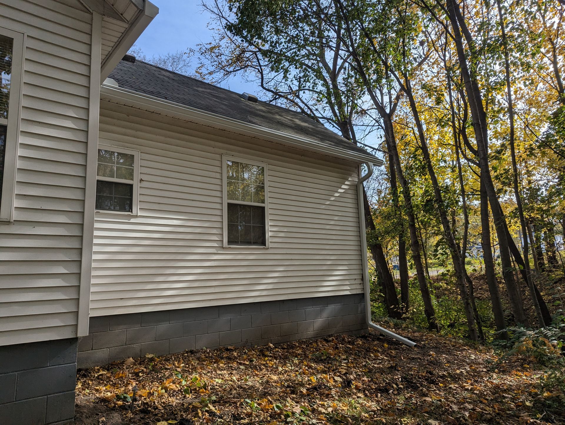 Side of a light-colored house with two windows, a gray roof, and a forest in the background on a sunny day.