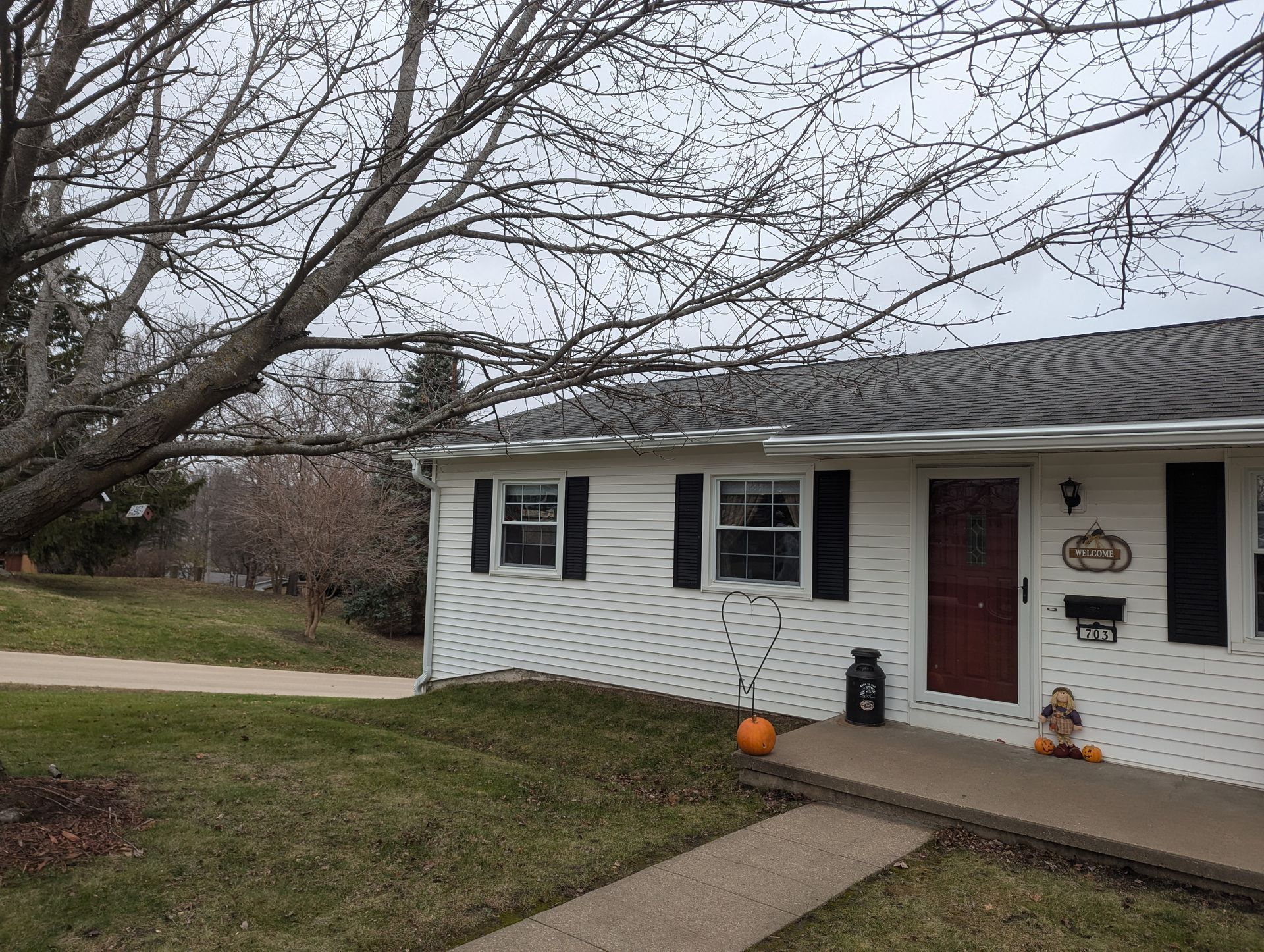 White house with black shutters, bare tree branches, a walkway, and a lawn.